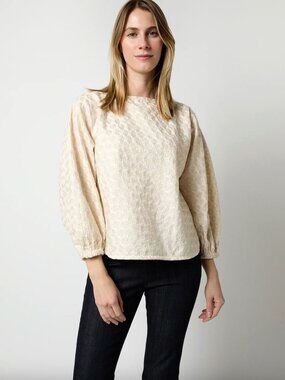 Ann Mashburn Elora Volume Top Sz L Ivory Floral Embroidery EUC